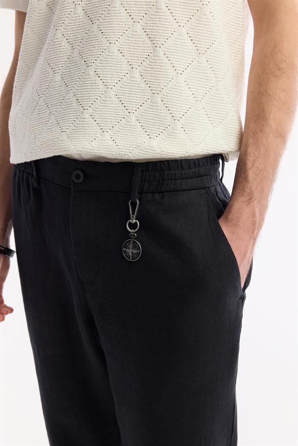 Siyah Beli Lastikli %100 Keten Pantolon