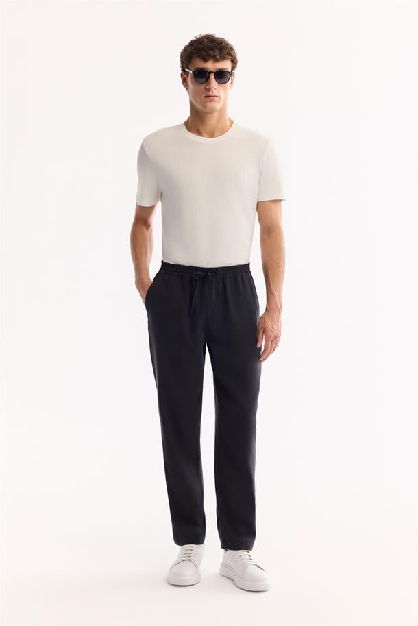 Siyah Beli Lastikli Bağcıklı Modal Karışımlı  Relaxed Fit Pantolon