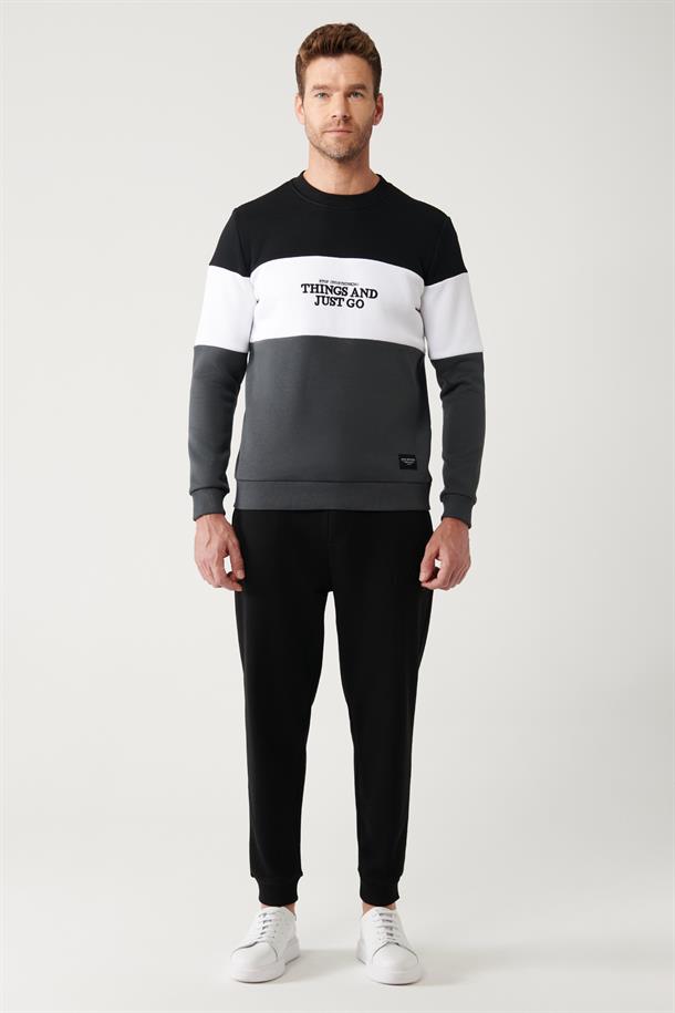 Siyah-Beyaz-Antrasit Bisiklet Yaka Parçalı Sweatshirt