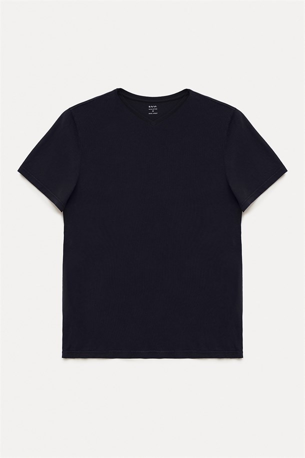 Siyah-Beyaz-Lacivert 3'lü V Yaka Düz T-Shirt