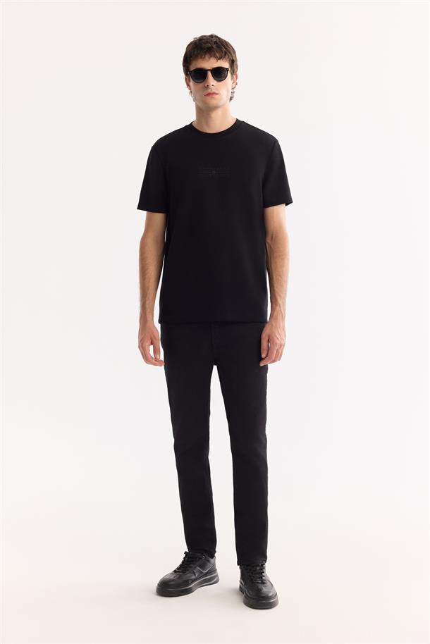 Siyah Bi-Stretch Baskılı İnterlok T-Shirt