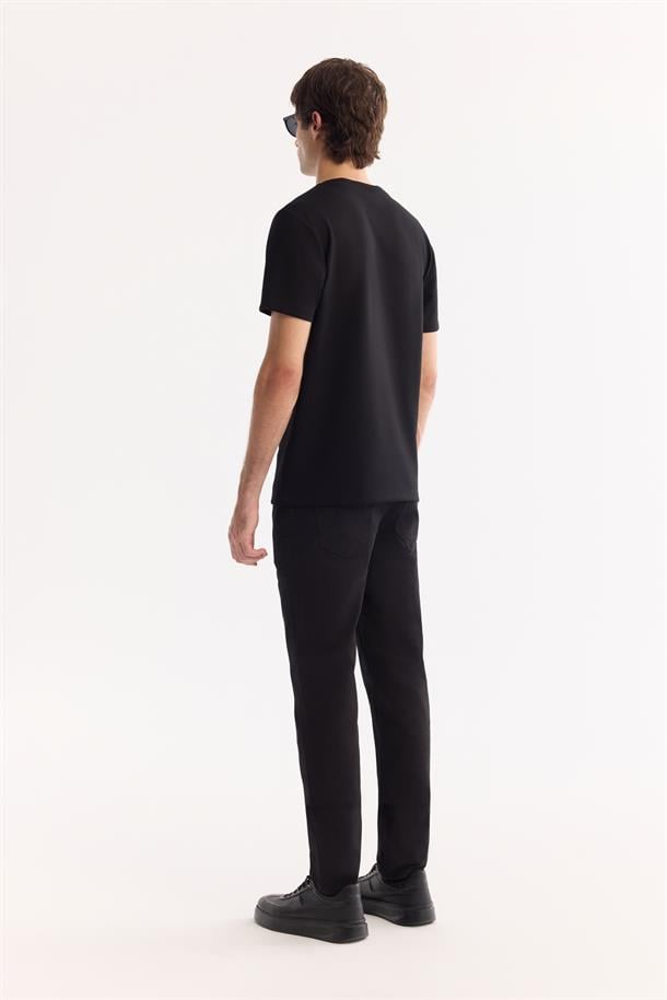 Siyah Bi-Stretch Baskılı İnterlok T-Shirt