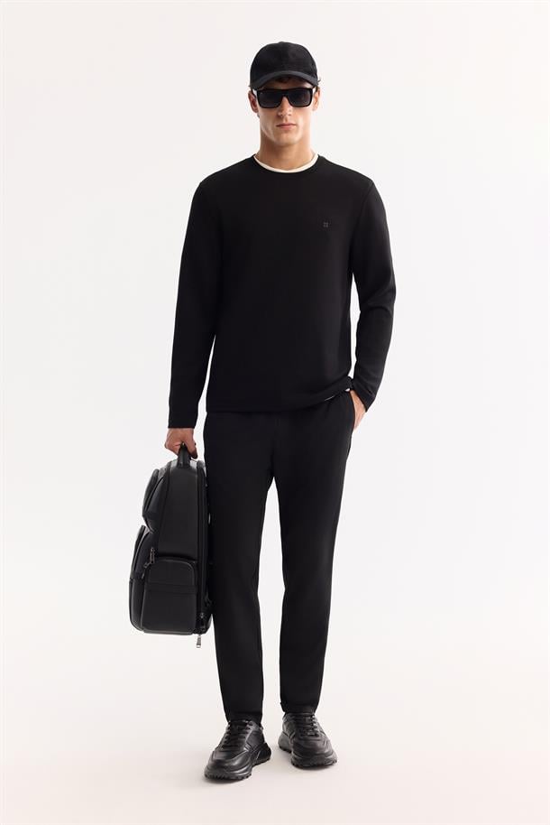 Siyah Bi-Stretch Viskon Karışımlı Sweatshirt