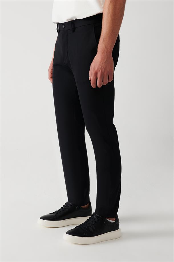 Siyah Bi-Stretch Yandan Cepli Slim Fit Chino Pantolon