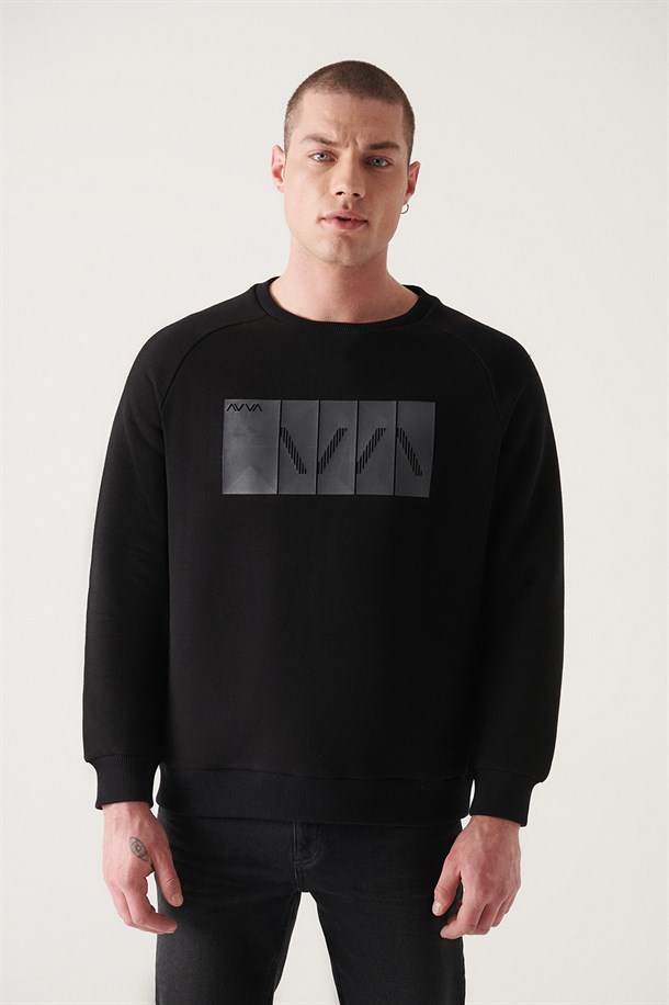 Siyah Bisiklet Yaka 3 İplik Şardonlu  Baskılı Sweatshirt