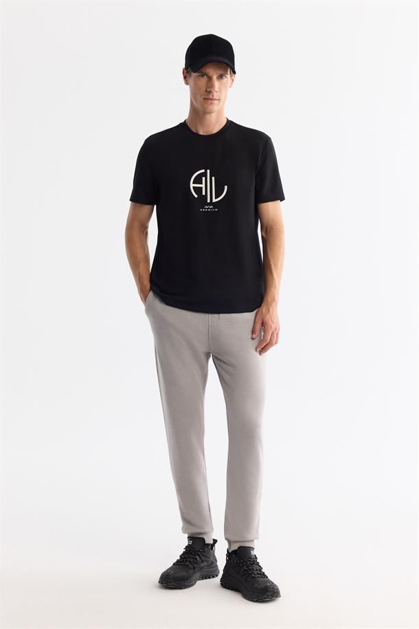 Siyah Bisiklet Yaka Baskı Detaylı T-shirt