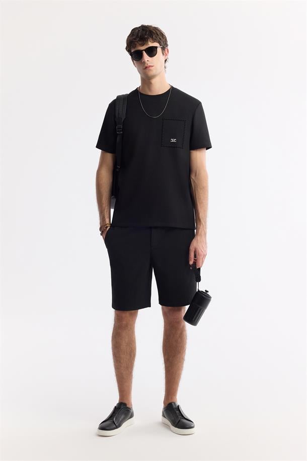 Siyah Bisiklet Yaka Baskılı Bi Stretch İnterlok T-Shirt