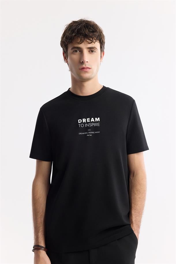 Siyah Bisiklet Yaka Baskılı Bi Stretch İnterlok T-Shirt