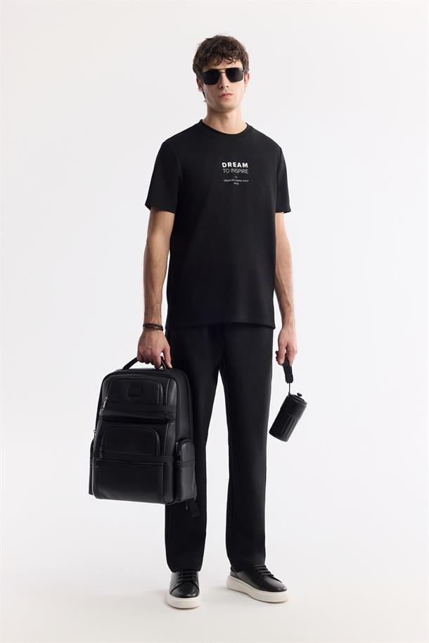 Siyah Bisiklet Yaka Baskılı Bi Stretch İnterlok T-Shirt