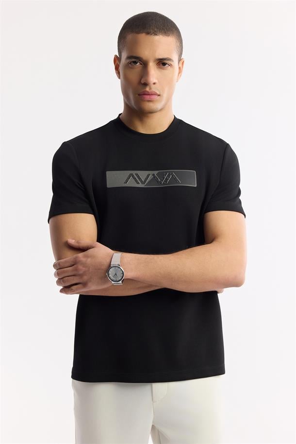 Siyah Bisiklet Yaka Baskılı Bi Stretch İnterlok T-Shirt