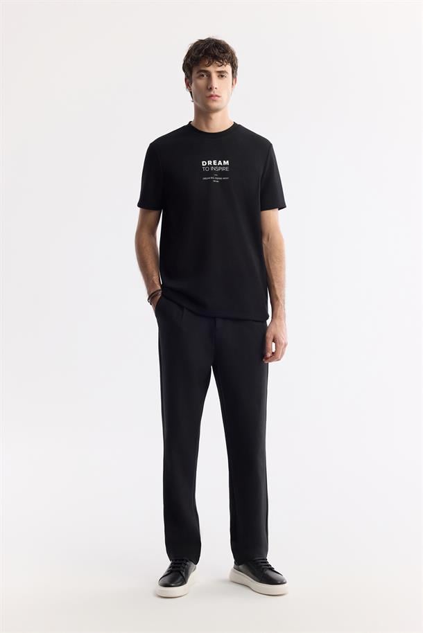 Siyah Bisiklet Yaka Baskılı Bi Stretch İnterlok T-Shirt