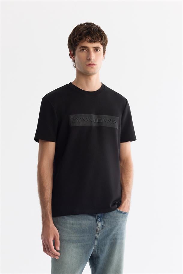 Siyah Bisiklet Yaka Baskılı Esnek Kumaş T-Shirt