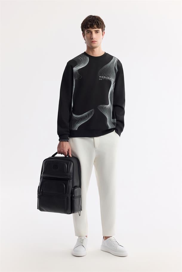 Siyah Bisiklet Yaka Baskılı İnterlok Sweatshirt