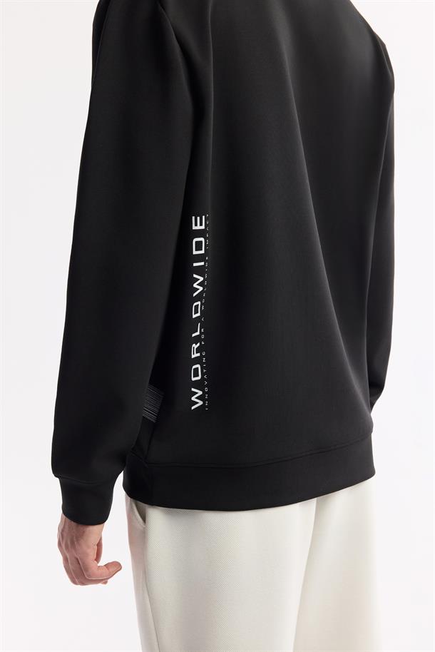 Siyah Bisiklet Yaka Baskılı İnterlok Sweatshirt
