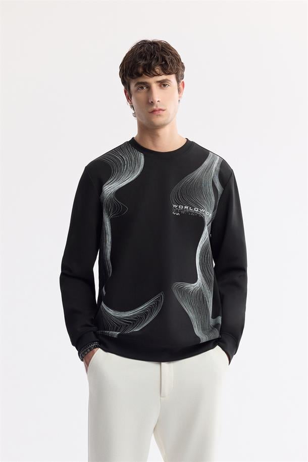 Siyah Bisiklet Yaka Baskılı İnterlok Sweatshirt