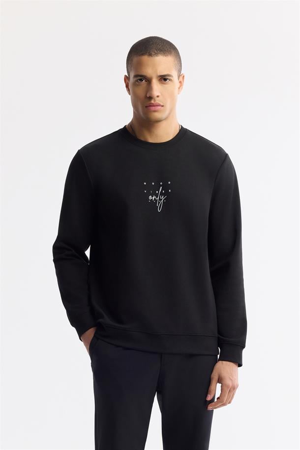 Siyah Bisiklet Yaka Baskılı İnterlok Sweatshirt