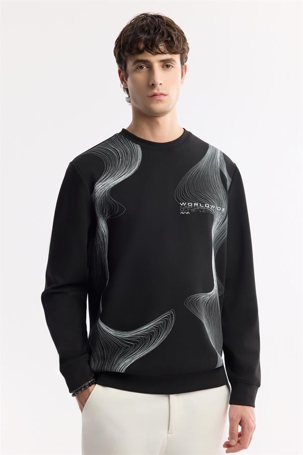 Siyah Bisiklet Yaka Baskılı İnterlok Sweatshirt