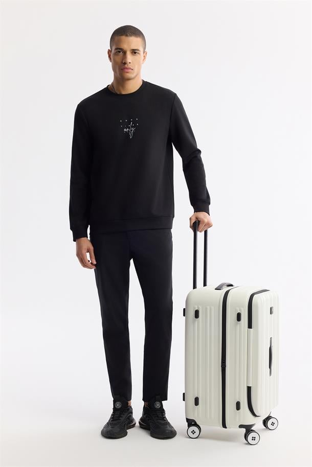 Siyah Bisiklet Yaka Baskılı İnterlok Sweatshirt