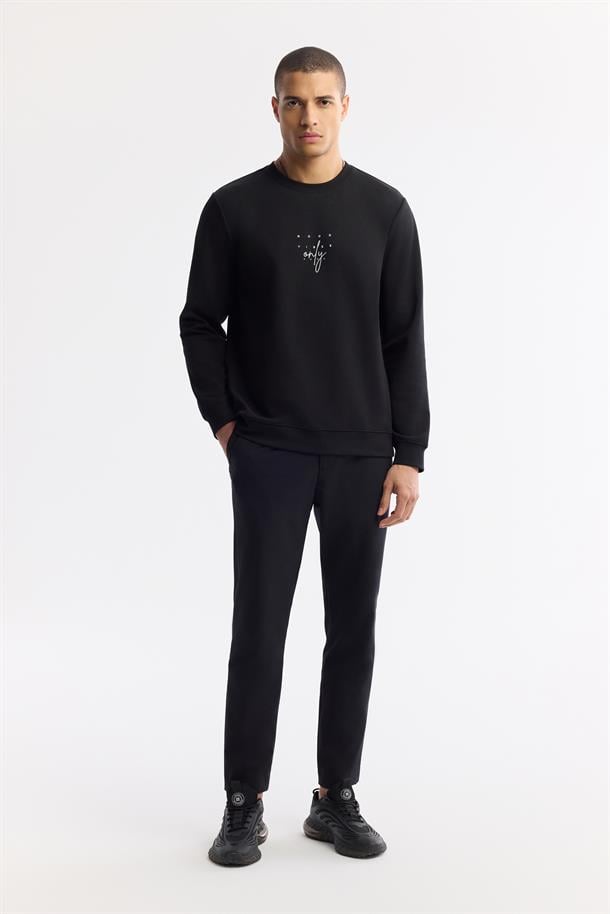 Siyah Bisiklet Yaka Baskılı İnterlok Sweatshirt