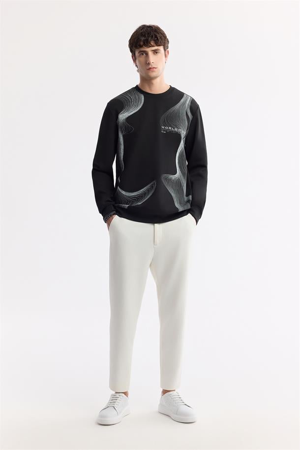 Siyah Bisiklet Yaka Baskılı İnterlok Sweatshirt