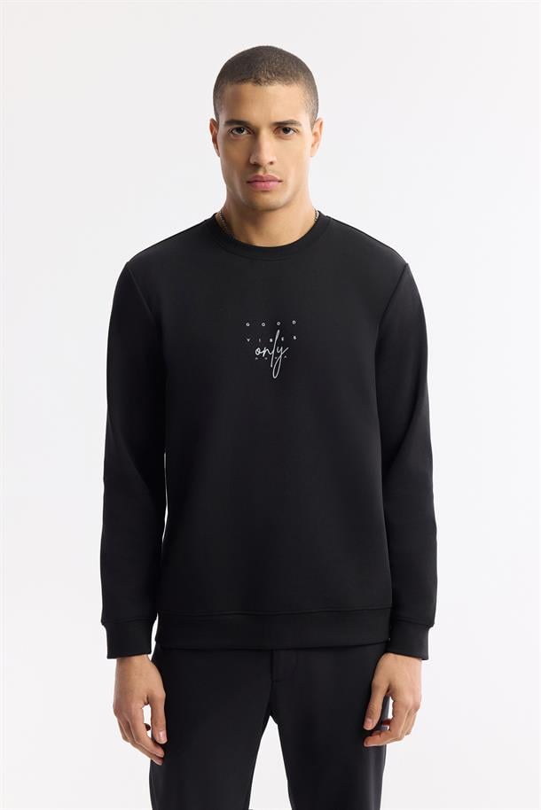 Siyah Bisiklet Yaka Baskılı İnterlok Sweatshirt
