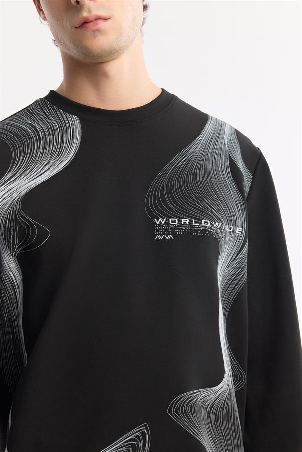 Siyah Bisiklet Yaka Baskılı İnterlok Sweatshirt