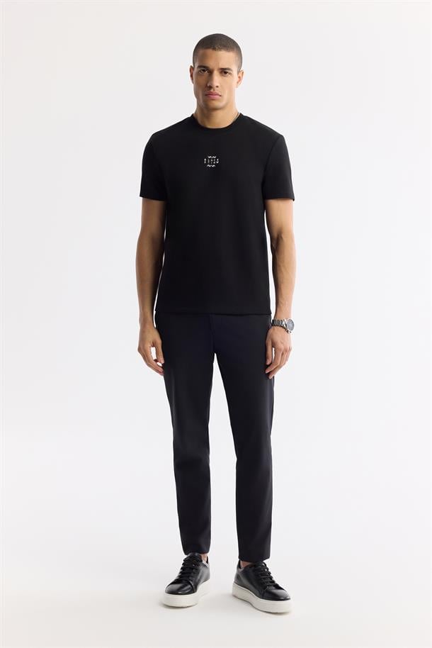 Siyah Bisiklet Yaka Baskılı İnterlok T-Shirt
