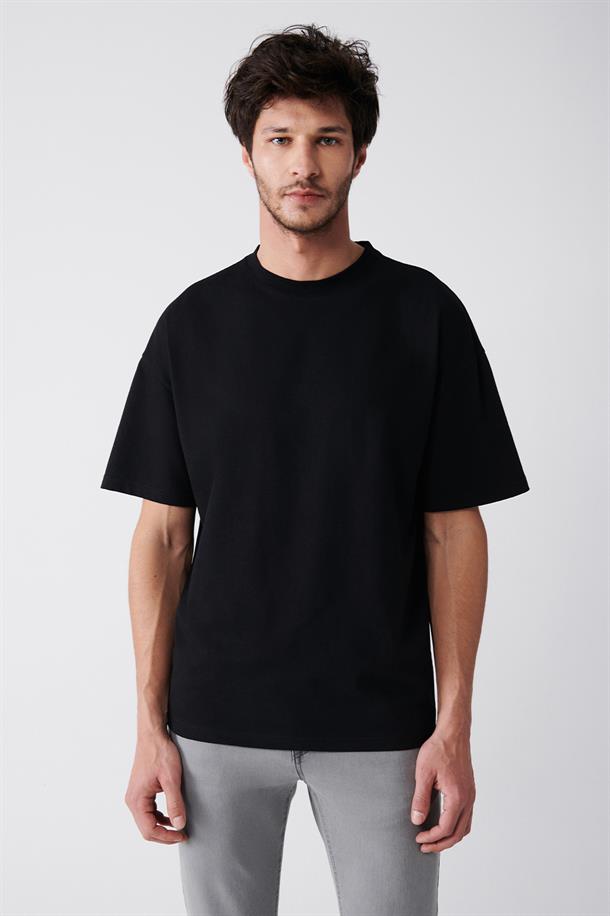 Siyah Bisiklet Yaka Baskılı Oversize T-Shirt