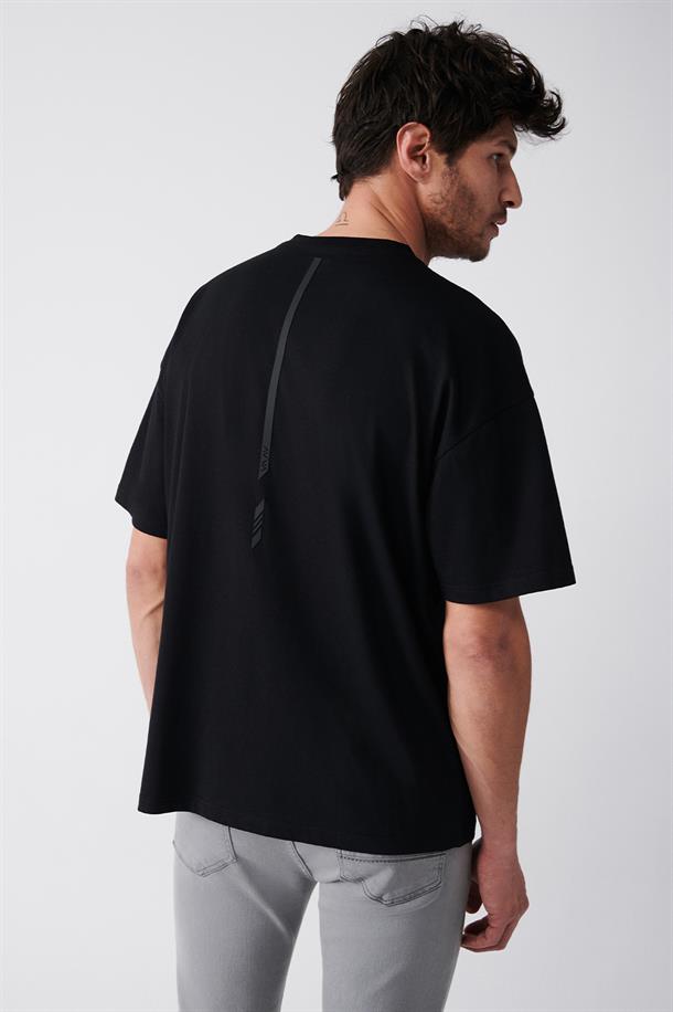 Siyah Bisiklet Yaka Baskılı Oversize T-Shirt