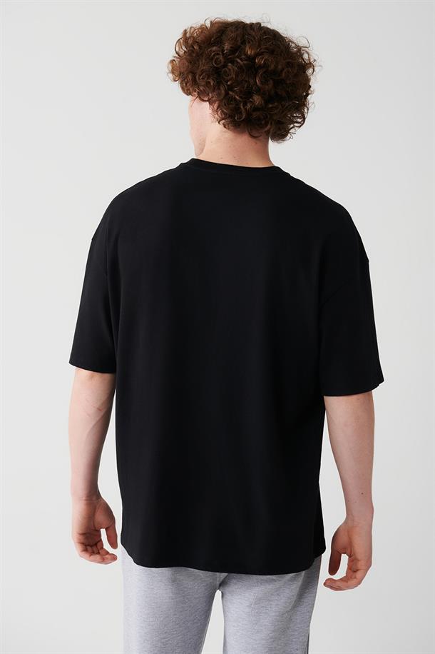 Siyah Bisiklet Yaka Baskılı  Oversize T-Shirt