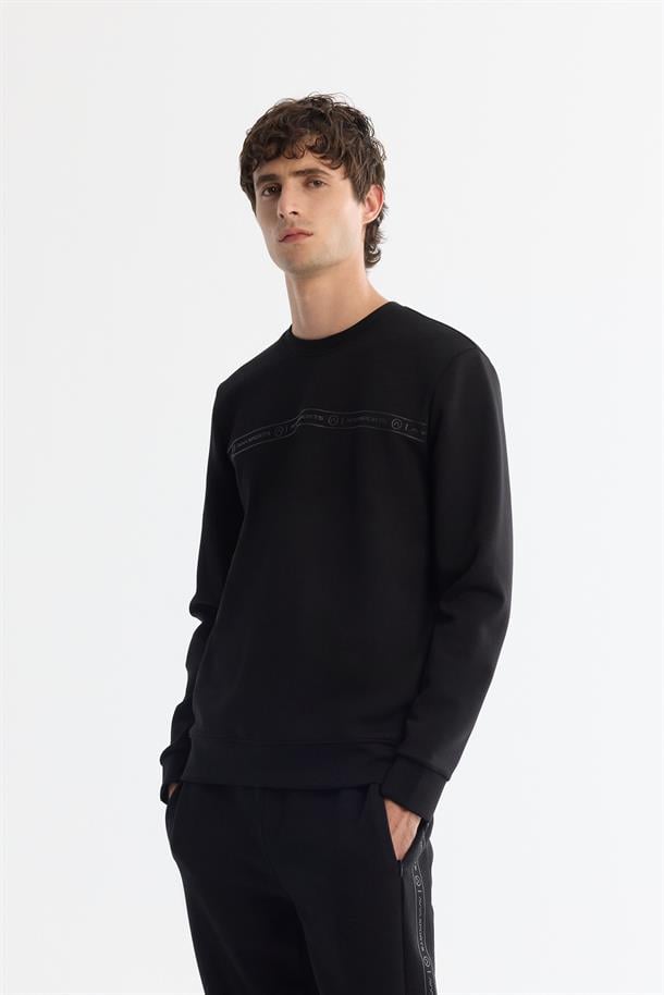 Siyah Bisiklet Yaka Baskılı Sweatshirt