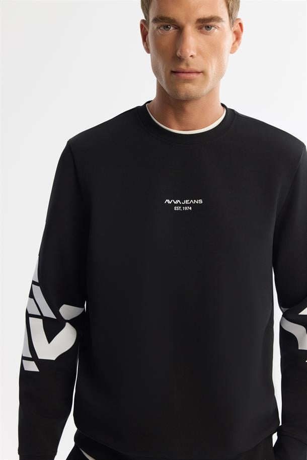 Siyah Bisiklet Yaka Baskılı  Sweatshirt