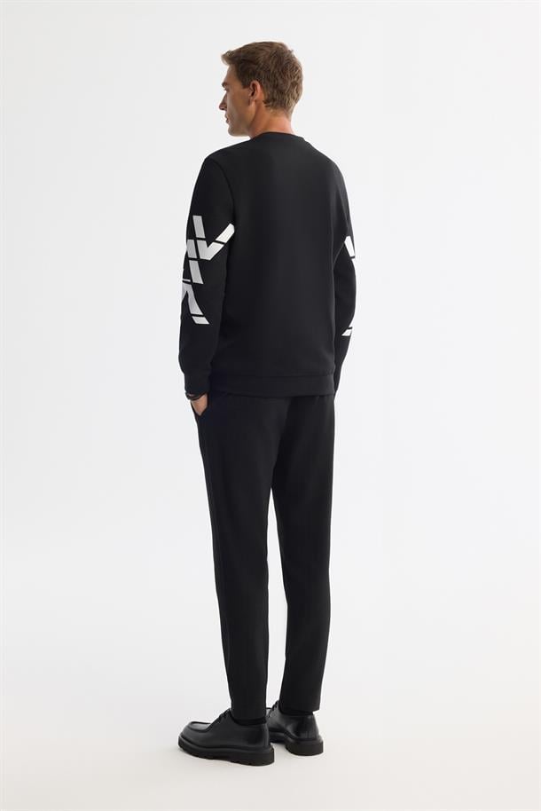 Siyah Bisiklet Yaka Baskılı  Sweatshirt