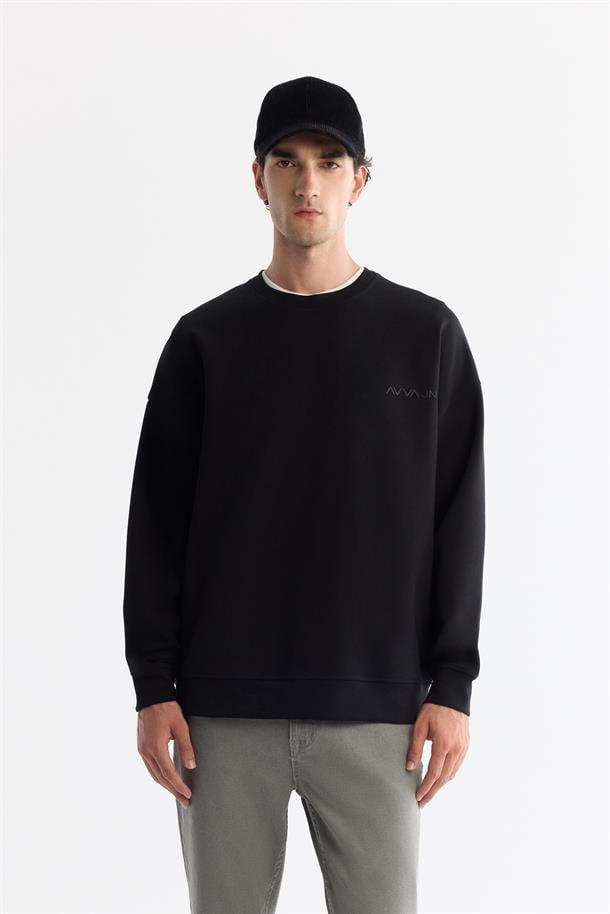 Siyah Bisiklet Yaka Elastan Sweatshirt