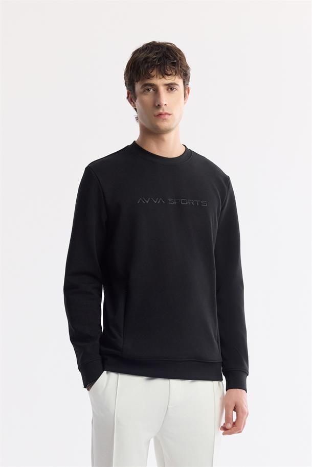 Siyah Bisiklet Yaka Enjeksiyon Baskılı Gizli Fermuarlı İnterlok Sweatshirt