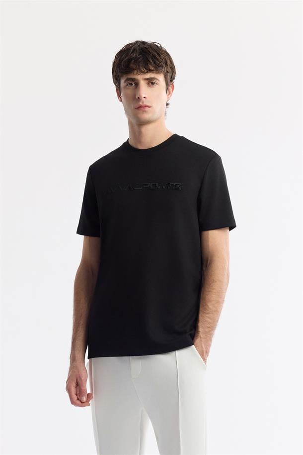 Siyah Bisiklet Yaka Enjeksiyon Baskılı İnterlok T-Shirt