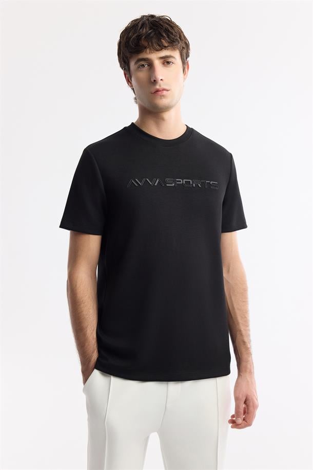 Siyah Bisiklet Yaka Enjeksiyon Baskılı İnterlok T-Shirt