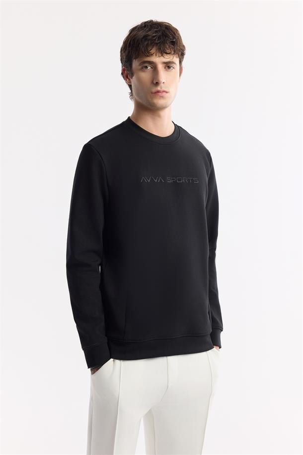Siyah Bisiklet Yaka Enjeksiyon Baskılı Gizli Fermuarlı İnterlok Sweatshirt