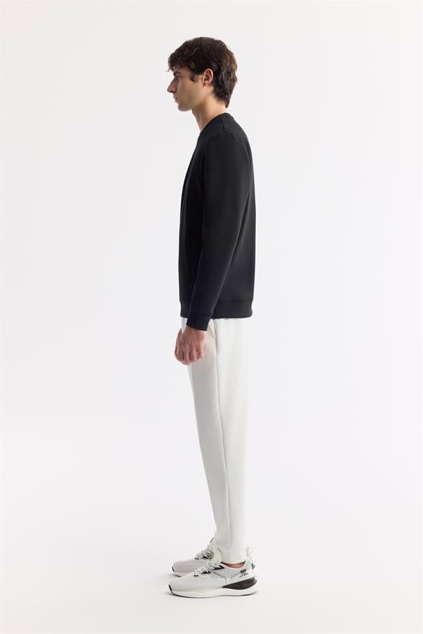 Siyah Bisiklet Yaka Enjeksiyon Baskılı Gizli Fermuarlı İnterlok Sweatshirt