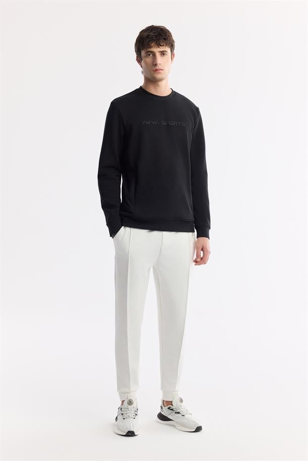 Siyah Bisiklet Yaka Enjeksiyon Baskılı Gizli Fermuarlı İnterlok Sweatshirt