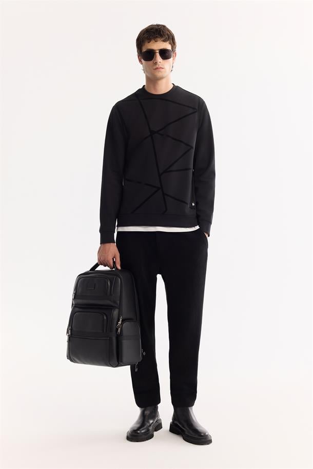 Siyah Bisiklet Yaka Fileksi Baskılı İnterlok  Sweatshirt