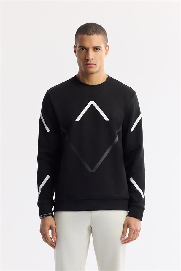 Siyah Bisiklet Yaka Flexi Baskılı İnterlok Sweatshirt