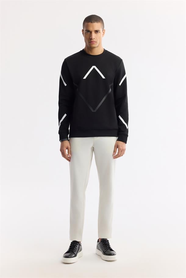 Siyah Bisiklet Yaka Flexi Baskılı İnterlok Sweatshirt