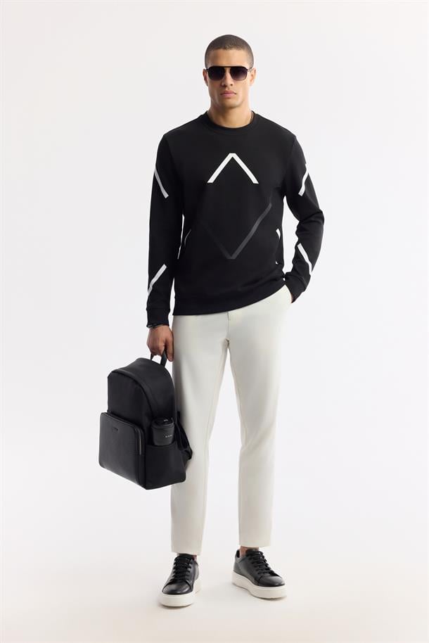 Siyah Bisiklet Yaka Flexi Baskılı İnterlok Sweatshirt