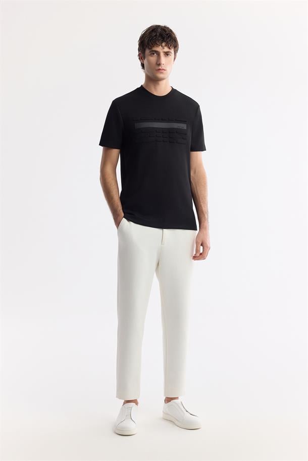 Siyah Bisiklet Yaka Flexi & Gofre Baskı Detaylı İnterlok T-Shirt