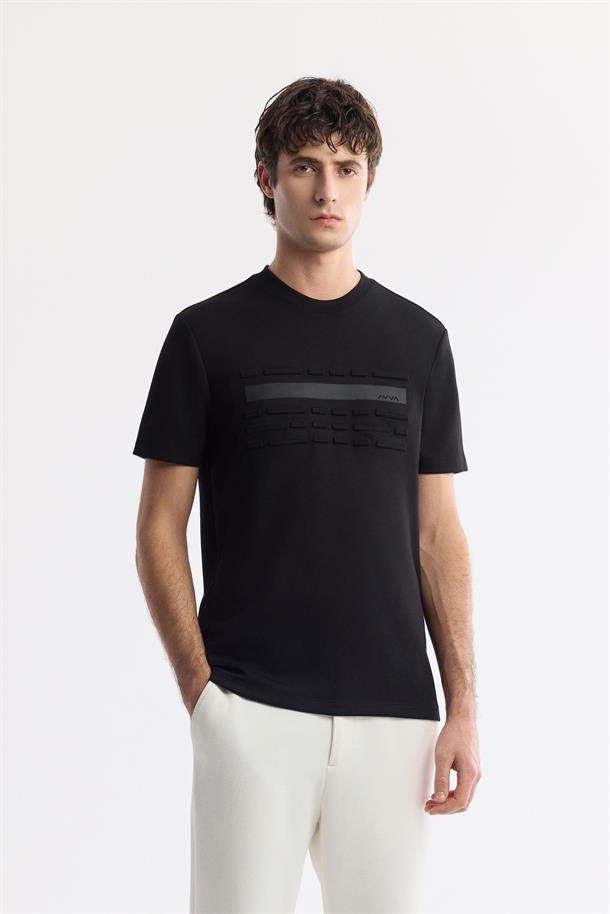 Siyah Bisiklet Yaka Flexi & Gofre Baskı Detaylı İnterlok T-Shirt