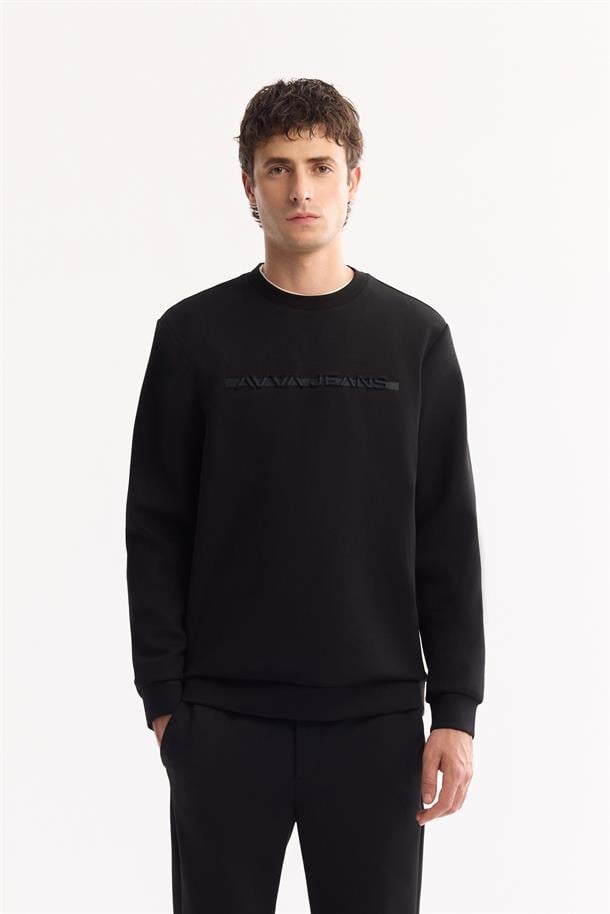 Siyah Bisiklet Yaka Gofre  Baskılı İnterlok Sweatshirt