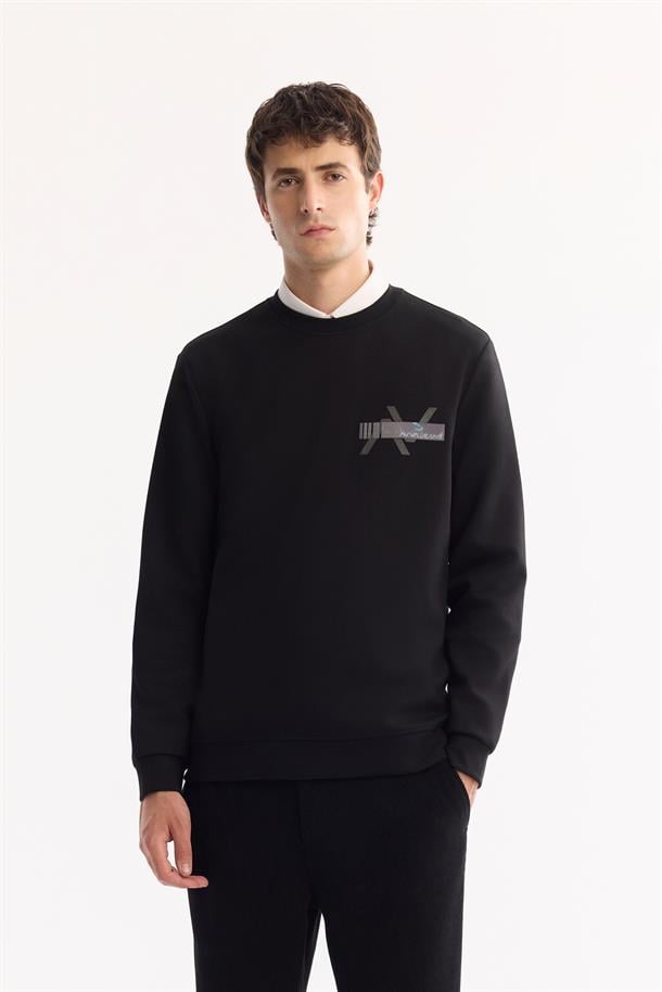 Siyah Bisiklet Yaka Göğsü Hologram Baskı  İnterlok Sweatshirt