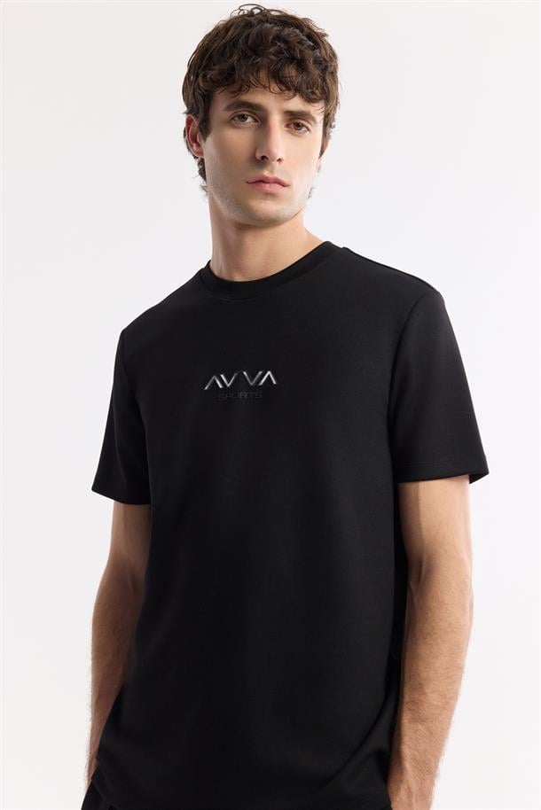 Siyah Bisiklet Yaka Hologram Baskılı İnterlok T-Shirt