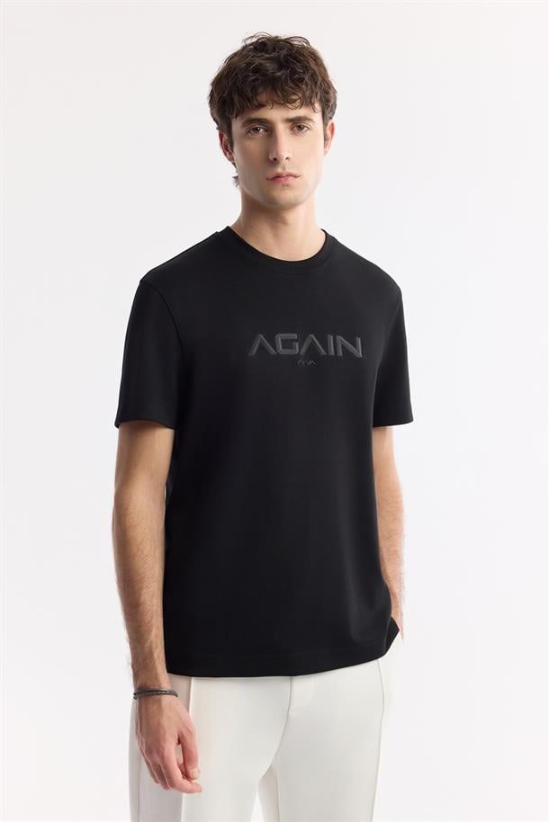 Siyah Bisiklet Yaka Hologram Baskılı İnterlok T-Shirt